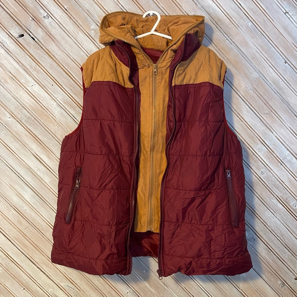Burgundy puffer vest double full zipper hoodie tan quilted 2XL cozy layers